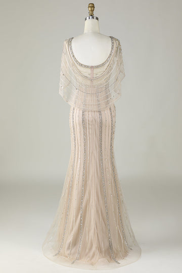 Sparkly Champagne Beaded Mermaid Long Ball Dress with Wrap